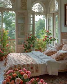 a bed sitting inside of a bedroom next to two vases with flowers on them