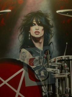 a painting of a woman with long hair and piercings on her arm playing the drums