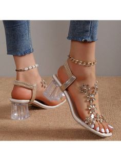 Apricot  Collar   Plain  Embellished   Women Shoes Summer Strappy Sandals, Summer High Heels, Clear Shoes, Rhinestone High Heels, Crystal Heels, Patent Leather Loafers, Shoes Sandals Heels, Rhinestone Sandals, Peep Toe Shoes