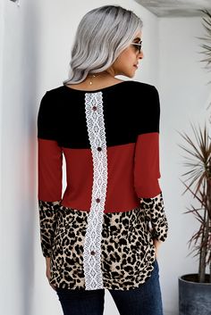 Red Colorblock Leopard Triple Patchwork Long Sleeve Top Autumn Sleeve, Leopard Fashion, Red Leopard, Leopard Print Top, Online Tops, Neck Pattern, Tops For Leggings, Dress Materials, Full Sleeve