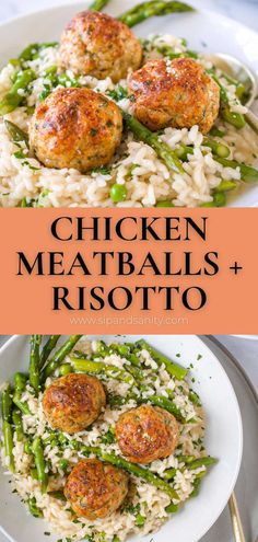 chicken meatballs and rice with asparagus on the side