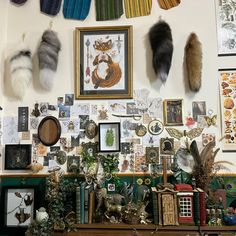 there are many pictures on the wall with feathers hanging from it's wallside