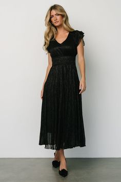 Check out our must-have Miley Pleated Shimmer Dress. You can shimmer the night away in this dress! Fitted Black Dress With Elastic Waistband, Elegant Party Dresses With Elastic Waistband, Chic Evening Dresses With Elastic Waistband, Elegant Fitted Midi Dress With Elastic Waistband, Party Dress With Elastic Waistband And Maxi Length, Party Maxi Dress With Elastic Waistband, Baltic Born, Shimmer Dress, Skirt Midi