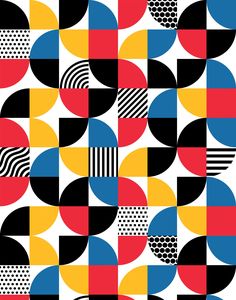 an abstract pattern with circles and dots in black, yellow, red, blue, and white