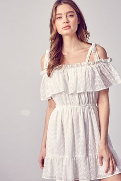 White Cold Shoulder Ruffle Dress - steven wick Sleeveless Kimono, Shoulder Ruffle Dress, Woven Dress, Trendy Clothes For Women, Dress Romper, Sheer Fabrics, Trendy Dresses, White Mini Dress, Look Chic