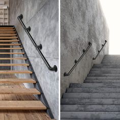 two pictures side by side, one with stairs and the other with railings on both sides