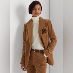 This Soft Corduroy Blazer Embodies Luxurious Lauren Style With A Signature Bullion Patch At The Chest And Horn-Effect Buttons. Straight Fit. Intended To Hit At The Lower Hip. Us Size 8 Has A 27.25" Body Length And A 33" Sleeve Length. Body Length And Sleeve Length Are Taken From The Center Back Of The Neck. Notch Lapels. Single-Button Closure. Signature Horn-Effect Buttons. Long Sleeves With Four-Button Cuffs. Shoulder Pads. Left Chest Patch Pocket. Two Front Waist Flapped Pockets. Bullion "Lrl" Luxury Embroidered Notch Lapel Suits, Classic Fitted Luxury Suit, Luxury Fitted Notch Lapel Suits, Luxury Fitted Suits With Buttons, Luxury Classic Fitted Suits, Luxury Button-up Suits, Ralph Lauren Style, Corduroy Blazer, Ralph Lauren Women