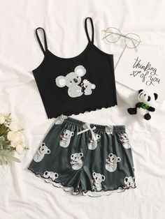 Girls Koala Print Lettuce Trim Cami PJ Set Multicolor Cute  Sleeveless  Cartoon Short Sets Slight Stretch  Tween Girls Clothing, size features are:Bust: ,Length: ,Sleeve Length: Cute Pjs, Cute Dress Outfits, Girls Pajamas, Pj Sets, Girls Clothing, Koala, Night Dress, How To Look Pretty, Short Sets