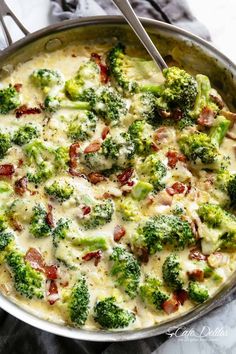 a pan filled with broccoli and other food on top of a counter next to an instagram