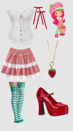 a woman in red and white outfit with high heeled shoes next to a strawberry doll