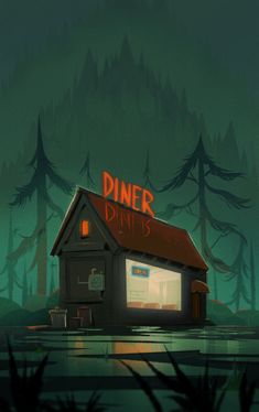 an illustration of a diner in the middle of a swampy area with trees around it