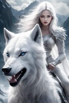 a woman riding on the back of a white wolf next to a man with blue eyes