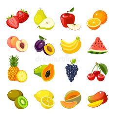 an assortment of different fruits and vegetables on a white background