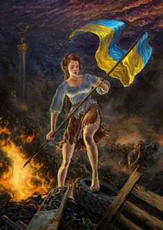 a painting of a woman holding a flag on top of a pile of rubble with fire in the background