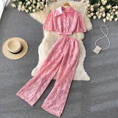 Brand Name: youeStyle: vintageMaterial: PolyesterFabric Type: BroadclothClothing Length: ShortDecoration: LacePlace Of Origin: China (Mainland)Pant Length(cm): Full LengthFabric content: 91% (inclusive) - 95% (inclusive)Origin: Mainland ChinaCN: GuangdongSeason: Spring/AutumnCollar: Turn-down CollarWaist: High WaistClosure Type: PulloverSleeve Style: RegularMaterial Composition: Synthetic fiberPattern Type: SolidPant Style: Wide Leg PantsFront Style: FlatFit Type: RegularPant Closure Type: Elast Pink Two-piece Set For Day Out, Vintage Pink Spring Sets, Pink High Waist Summer Sets, Pink High Waist Sets For Summer, Vintage Pink Pants For Summer, Pink Two-piece Summer Pants, Lace Two Piece Set, Wide Leg Pant Suit, High Waist Wide Leg Pants