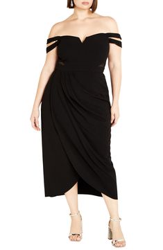 Twin straps highlight the shoulder-baring neckline of an occasion-ready dress finished with an artful faux-wrap skirt. Hidden back-zip closure Off-the-shoulder sweetheart neck Lined 100% polyester Hand wash, dry flat Imported Off Shoulder Wrap Dress, Off The Shoulder Midi Dress, Chic Black Dress, Chic Cocktail Dress, Black Sheath Dress, Plus Size Womens Clothing, Sweetheart Neck, Chic Woman, City Chic