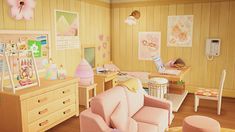 a child's bedroom with pink furniture and decor on the walls, wooden flooring