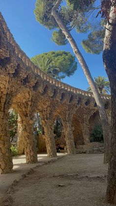 an arch in the middle of a stone building with trees growing out of it's sides