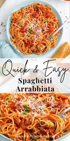 A stacked image pin with an overhead image of spaghetti arrabbiata in a blue bowl on top and a close of image of pasta wrapped around a fork on the bottom. Recipes With Petite Diced Tomatoes, Spaghetti Sauce Diced Tomatoes, Pasta Diced Tomatoes Recipe, Diced Tomatoes Pasta Sauce, Spaghetti With Diced Tomatoes, Pasta And Diced Tomato Recipes, Crushed Tomato Pasta Sauce