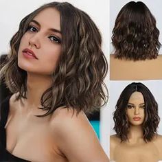 Brown Highlight Wigs for Women 14 Inch Short Shoulder Length Middle Part Curly Wavy Bob Blonde Wig Natural Looking Synthetic Heat Resistant Fiber Wig for Daily Party Use Wavy Bob Blonde, Bob Blonde Wig, Shoulder Length Middle Part, Curly Wavy Bob, Highlight Wigs, Bob Blonde, Wavy Bob, Wavy Bobs, Brown Highlights