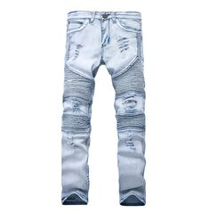 A man of character and few words? this pair of washed light blue distressed ripped biker jeans are definitely for you. draped folds design, midweight, zipper fly pencil pants. great to wear on bike rides with your motorcycle club, for music festival and for just about anywhere. materials: denim, bamboo fiber, cotton, spandex Man Street Style, Biker Denim Jeans, Ripped Biker Jeans, Represent Clothing, Stonewash Jeans, Distressed Pants, Biker Denim, Elastic Jeans, Hip Hop Pants