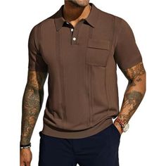 (Color: Coffee) *Knitted Materialmen's Knit Polo Shirts Are Rafted From A Soft And Breathable Knit Fabric, It Feels Gentle Against The Skin And Will Keeps You Comfortable Throughout The Day. The Lightweight Nature Of The Fabric Makes It An Excellent Choice For Warm Weather Or Casual Activities *Fashion Designmens Polo Shirt Is Featured With Herringbone Textured Stripe Design, Hollow Out, Short Sleeves, Lapel Collared With 3 Buttons, 1 Chest Pocket. For Individuals Who Appreciate The Fusion Of Ca Fitted Polo Shirt With Pockets, Brown Collared Knit Tops, Brown Collared Polo Sweater, Casual Brown Collared Polo Sweater, Casual Brown Polo Sweater, Brown Knit Solid Color Top, Brown Solid Knit Top, Brown Tops With Casual Collar And Pockets, Brown Tops With Pockets And Casual Collar