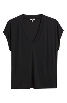 This nicely draped V-neck top is made from supersoft, fluid knit fabric with dropped shoulders to further the casual-chic look. 23 1/2" length V-neck Short sleeves 79% Tencel® modal, 21% polyester Tencel modal is a more-sustainably produced fiber made with closed-loop processing and is certified with the EU Ecolabel as having a low environmental impact throughout the entire lifecycle Machine wash, dry flat Made in Turkey Versatile Solid Color V-neck Top, Chic Relaxed Fit V-neck Top, Chic Relaxed Fit Modal Tops, Chic Relaxed Fit Tops Made Of Modal, Versatile Viscose Tops For Layering, Chic V-neck T-shirt For Fall, Chic Fall V-neck T-shirt, Black Rayon Top With Relaxed Fit, Black Rayon Tops With Relaxed Fit