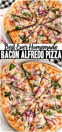 the best ever homemade bacon alfredo pizza with spinach and red onions on top is shown