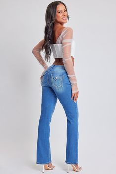 Our Women's Heavy Stitch Bootcut Jeans feature embroidered back pockets and detailed stitching throughout. Embellished with heavy white thread stitching and designed to flatter your figure, these bootcut jeans will elevate your everyday style. Product Details:- Mid-Rise- Zip Fly with Single Button Closure- Classic 5-Pocket Construction- Flap Back Pockets with Snap Button Closure and Embroidered design- Belt Loops- Fitted Through Hip- Boot Flare Knee to HemSize & Fit (Based on size 5/27):- Inseam Embroidered Design, Everyday Style, Snap Button, Bootcut Jeans, Mens Suits, Everyday Fashion, Sky Blue, Mid Rise, Inside Out