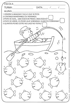 a coloring page with an image of a man in a boat surrounded by fish