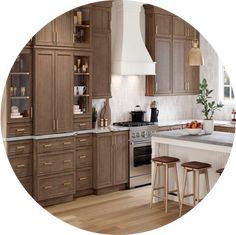 a kitchen with wooden cabinets and white counter tops