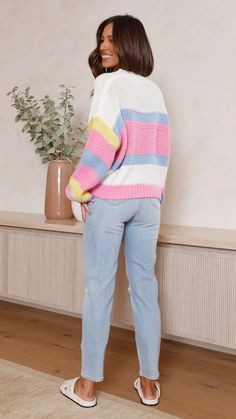 Detail: Knit fabric; Colorbloced stripe; Pullover; Size Available: Size Length Bust inch cm inch cm S 22.6 57 39.4 100 M 23 58 41 104 L 23.4 59 42.2 108 XL 23.8 60 44 112 Casual Knit Sweater With Contrast Stripes, Winter Multicolor Striped Sweater, Multicolor Long Sleeve Sweater With Contrast Stripes, Spring Striped Soft Knit Sweater, Trendy Striped Soft Knit Sweater, Spring Striped Chunky Knit Sweater, Spring Striped Crew Neck Cardigan, White Knit Sweater With Contrast Stripes, Trendy Striped Chunky Knit Sweater