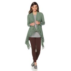 Serena Williams Fringe Wrap Cardigan  Make the most of your wardrobe and add a versatile piece that transitions throughout the seasons. This lightweight wrap adds the perfect finishing touch to any ensemble. The trendy fringe makes a striking fashion statement, while the shoulder button lets you wear it open or closed. Embrace your own signature style. Product Details: Brand: Serena Williams Color: Army Green  Fabrication: Jersey knit Style: Card Fringe Cardigan For Fall Layering, Fringe Cardigan For Fall, Fall Fringe Cardigan, Spring Fringe Long Sleeve Cardigan, Spring Long Sleeve Fringe Cardigan, Spring Fringe Cardigan For Layering, Long Sleeves Design, Trendy Fringe, Cardigan Green