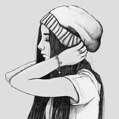 a drawing of a girl wearing a beanie and holding her arm around her neck