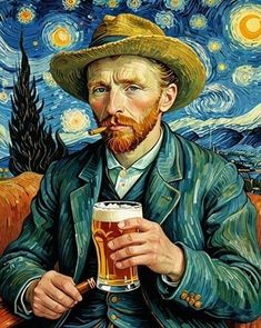 a painting of a man with a beer in his hand