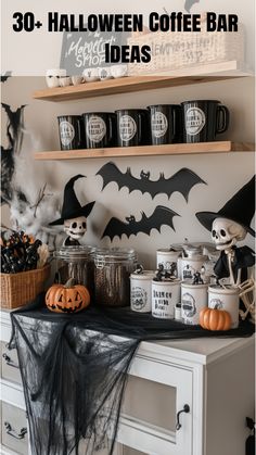 A spooky coffee bar featuring floating shelves, Halloween mugs, bat garlands, and a black-and-white color scheme accented with orange pumpkins, cobwebs, and a skeletal theme for an organized and festive setup. Spooky Coffee Bar