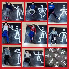 a collage of photos showing different poses for children to make skeleton drawings on black paper