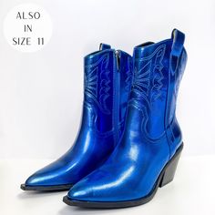 Corky's | Rowdy Western Stitch Boots in Electric Blue - Giddy Up Glamour Boutique Trendy Blue Ankle Heeled Boots, Trendy Blue Mid-calf Boots For Fall, Blue Snip Toe Boots With Reinforced Heel, Trendy Winter Heeled Boots With Snip Toe, Trendy Blue Winter Boots, Western Boots With Zipper And Pointed Toe, Blue Heeled Boots For Fall, Fitted Blue Ankle Boots, Blue Fitted Mid-calf Boots With Round Toe