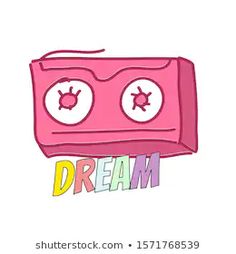 a pink bag with two eyes and the word dream written below it in multicolored letters