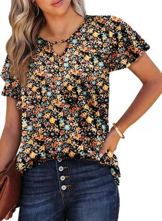 PRICES MAY VARY. Premium Fabric: The floral printed short sleeve shirts is made of 95% Polyster 5% Spandex, comfy soft, stretchy and skin-friendly tunic top. Feature: Casual short sleeve blouse tops are designed with fashion details, floral print, flare ruffle sleeve, key hole scoop neck, pleated front, loose fit, fashion and elegant. Trendy and flattering to hide the upper arms to create a cool and elegant summer look. Matching: Summer tops for women with variety of different styles to wear, th Ditsy Floral Blouse, Skirts Jeans, Floral Tunic Tops, Vacation Club, Womens Business Casual, Fit Fashion, Upper Arms, Blouse Tops, Womens Tops Summer