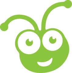 a green bug with big eyes and two antennae on it's head, smiling