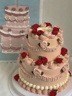 a three tiered wedding cake with red roses on the top and white icing