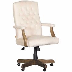 a white office chair with wooden arms and wheels