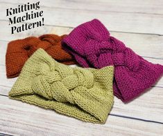 three knitted bow ties with the words knitting machine pattern on them in different colors