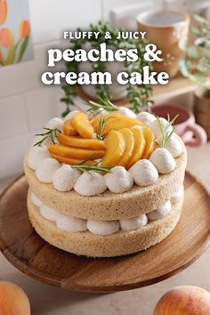 a cake with peaches and cream icing on top sitting on a wooden platter