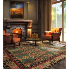 a living room filled with furniture and a fire place next to a painting on the wall