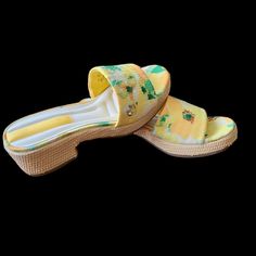 Great Summer Sandal. Size 8. Look Unworn. Summer Flat Clogs With Branded Insole, Yellow Clogs With Cushioned Footbed For Spring, Beach Clogs With Branded Insole And Open Toe, Open Toe Beach Clogs With Branded Insole, Spring Yellow Slip-on Wedge Sandals, Yellow Open Toe Clogs For Summer, Yellow Synthetic Clogs For Spring, Yellow Open Toe Summer Clogs, Yellow Clogs For Spring