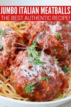 large Italian meatballs in marinara sauce in bowl with spaghetti