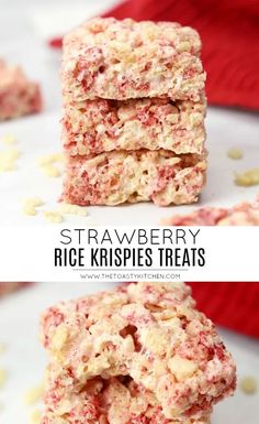 strawberry rice krispies treats stacked on top of each other with the title above it