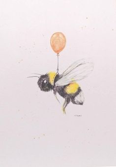 a drawing of a bee flying with a balloon attached to it's back end